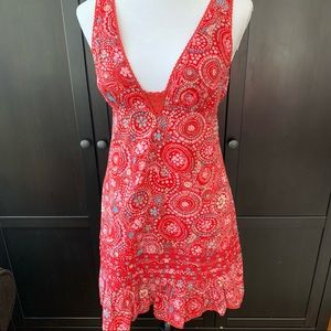 Free People Red Floral Print V-Neck Dress